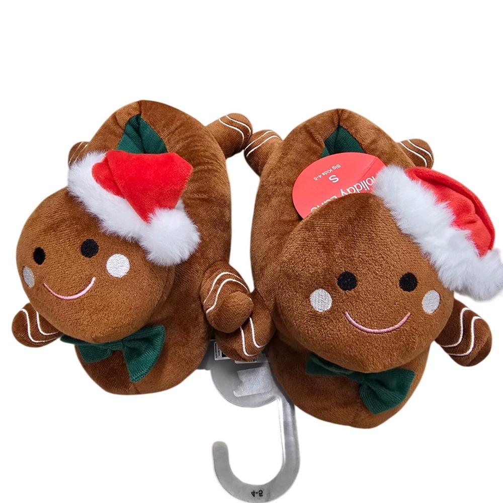 Holiday Lane Gingerbread Man Christmas Slippers Kids Small 4-5 Brown Plush NWT